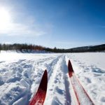 ground-view-of-red-skis-traveling-on-packed-snow-picture-id94395071