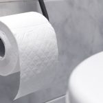 Roll of toilet paper in a tiled bathroom