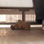 Little girl sitting on bed and under bed forgotten teddy bear at home in bedroom, children’s legs