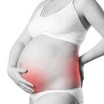 Pregnant woman with back and abdominal pain isolated