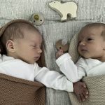 New born boy and girl twin in playpen