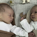 New born boy and girl twin in playpen