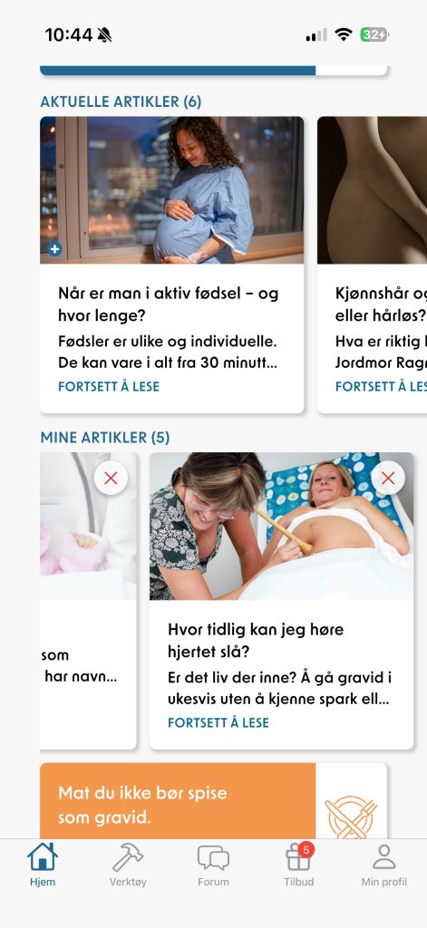 Scroll ned og finn "Mine artikler" i feeden din i Babyverden-appen.